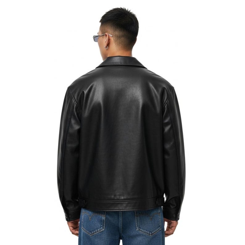 Back view of Mens Black Genuine Lambskin Leather Oversized Trucker Jacket