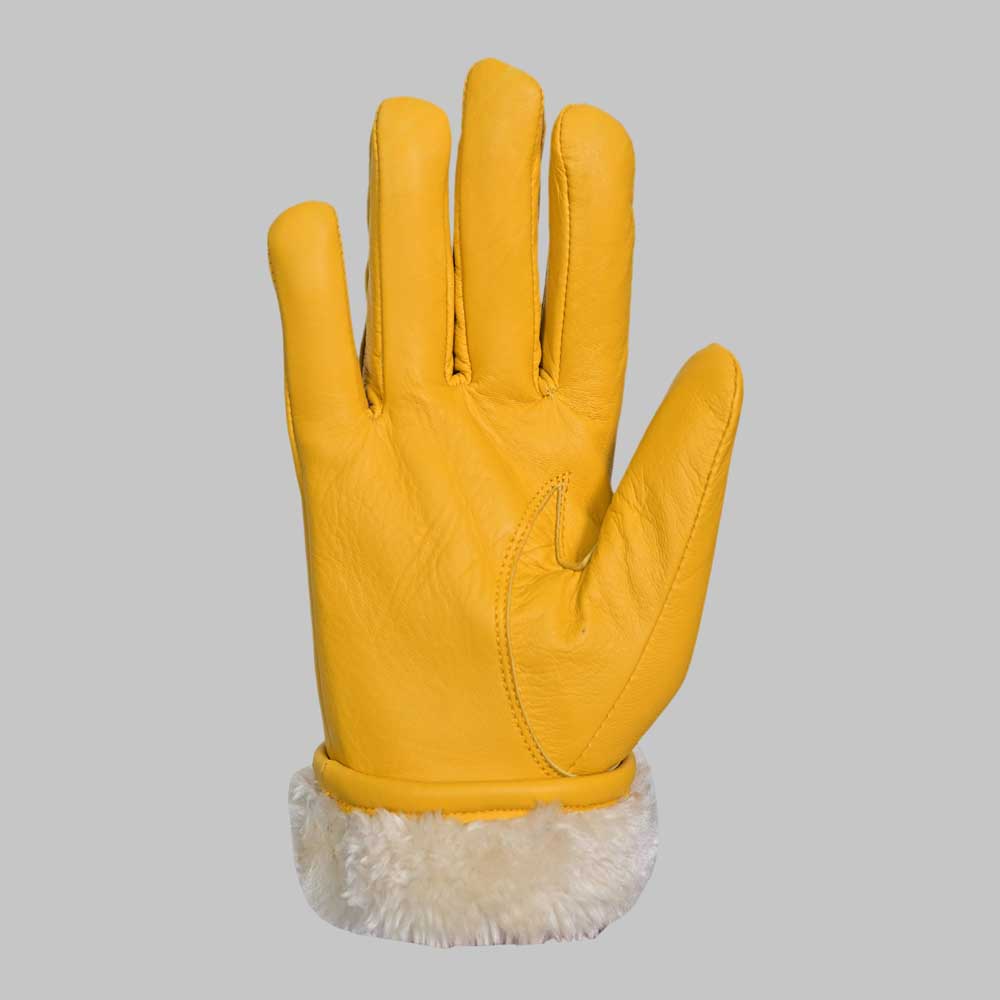 Bold Winter Style with Yellow Leather Glove with Faux Fur Lining