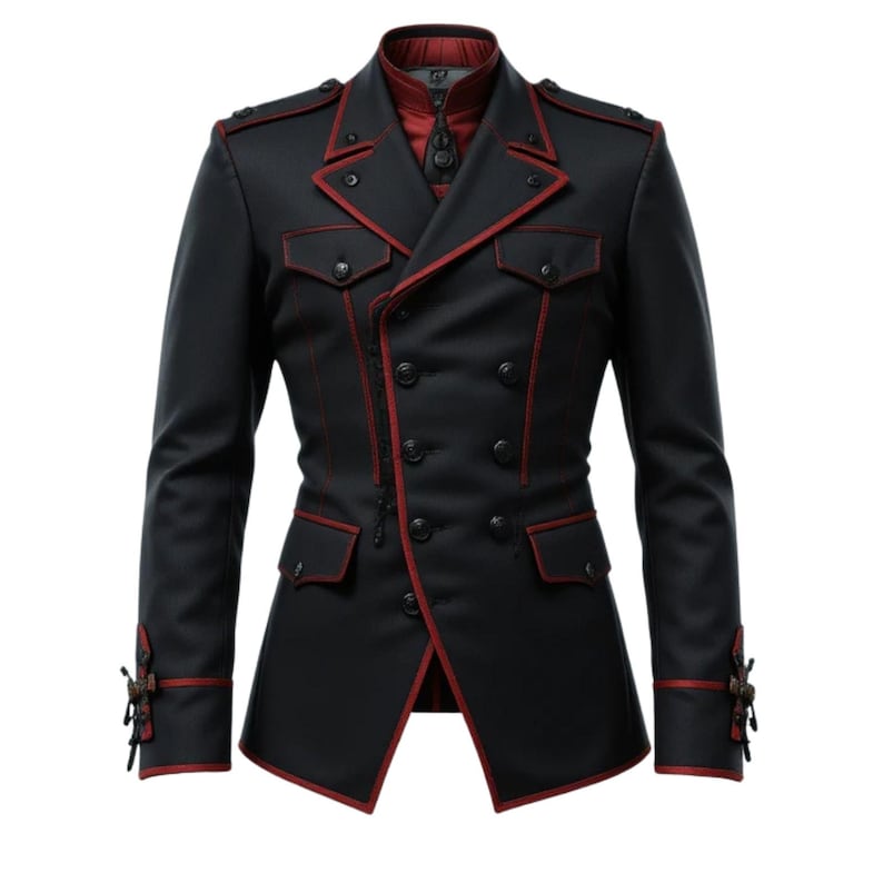 Gothic Military Style Men Coat Black Red Piping | 3amoto