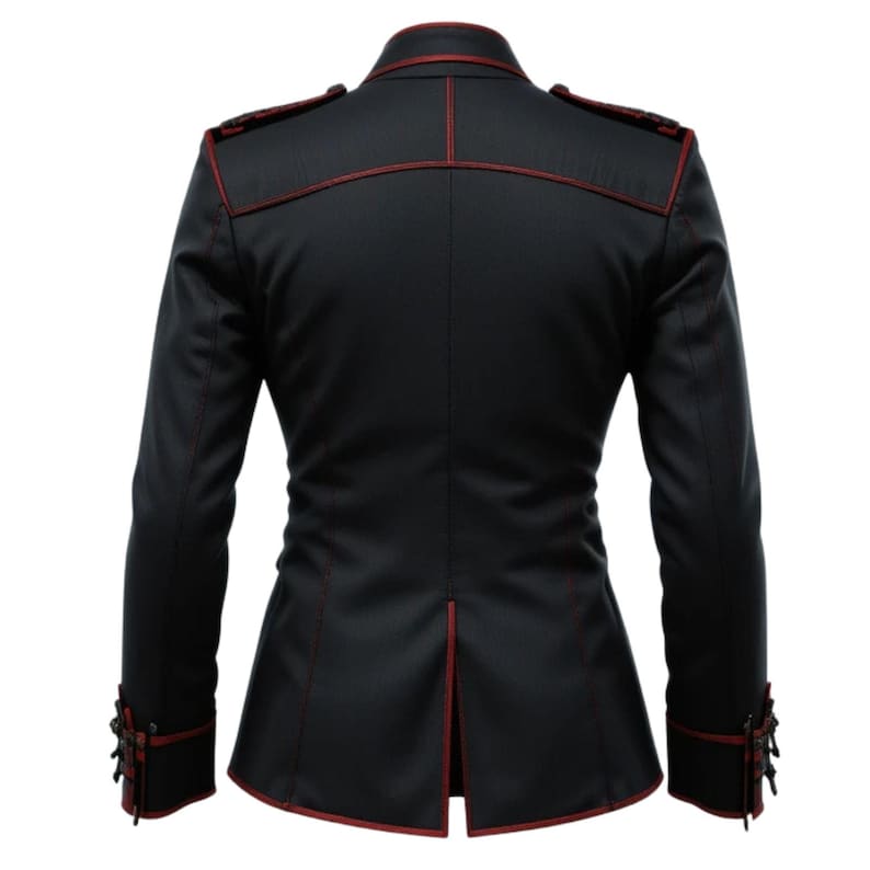 Gothic Military Style Men Coat Black With Red Piping