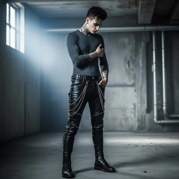 Punk biker black leather pant with premium leather finish