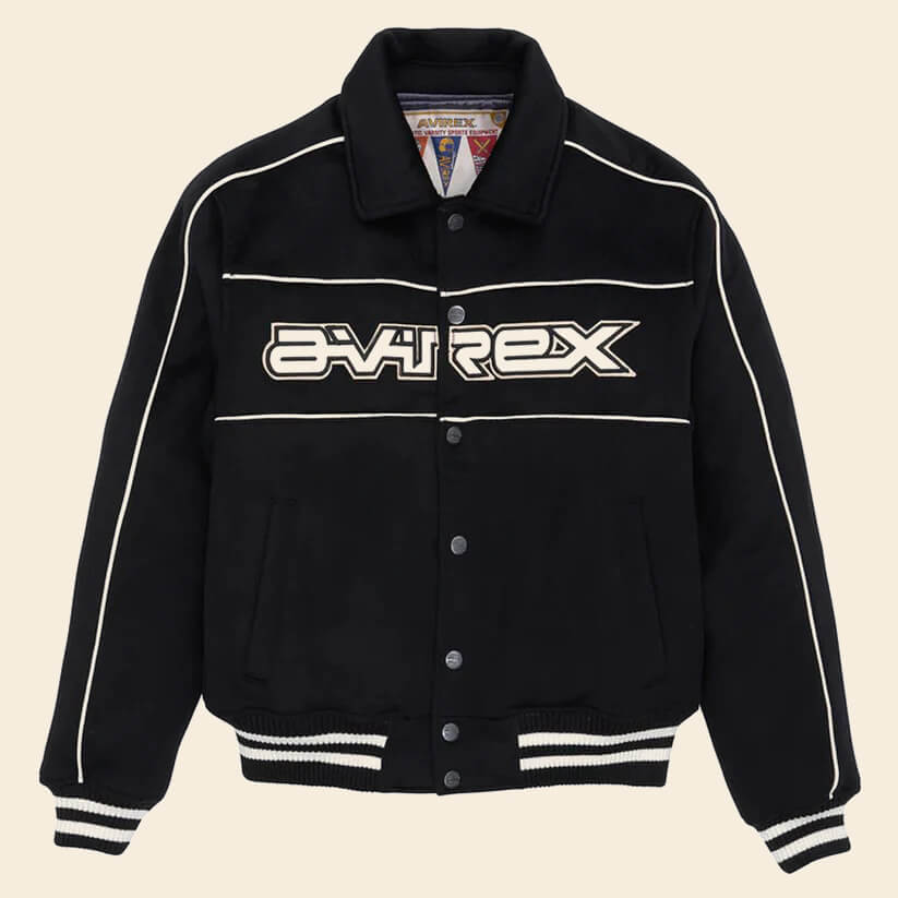 Stylish Men Black Woolrider Avirex Leather Letterman Jacket