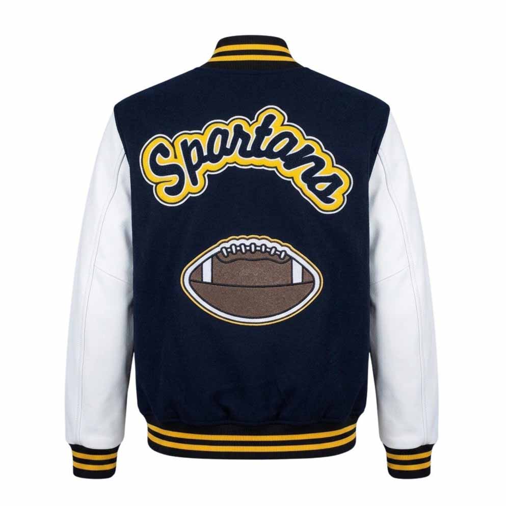 Men Blue Wool Varsity Jacket with Beige Leather Sleeves and Mike Newton Style