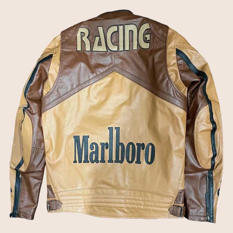 Men Vintage Marlboro Racing Brown Cowhide Leather Jacket