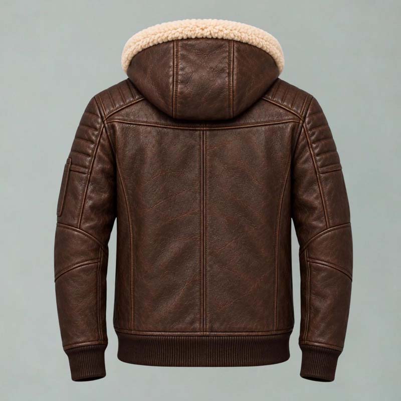 Men's vintage brown leather winter jacket with shearling-lined hood