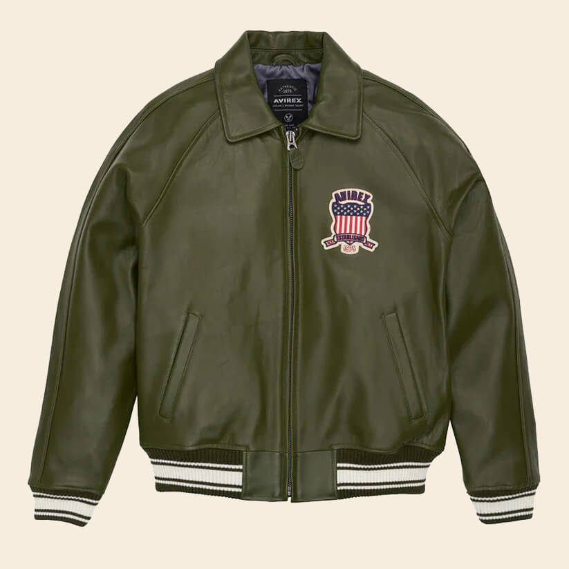 Olive Varsity Bomber Jacket Premium Avirex Leather Jacket