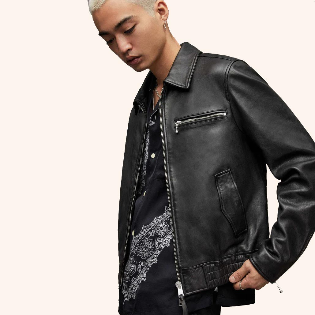 Men's Black Harrington Leather Bomber Jacket with front zipper and classic design.