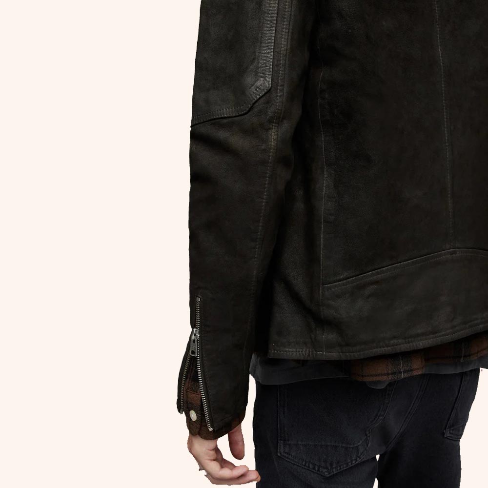 Men's Black Leather Harrington Jacket with Front Zipper