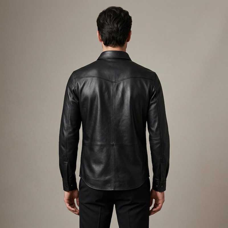 Mens Black Genuine Leather Snap Button Biker Overshirt Jacket