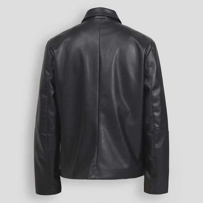 Mens Black Leather Shacket Minimalist Utility Overshirt