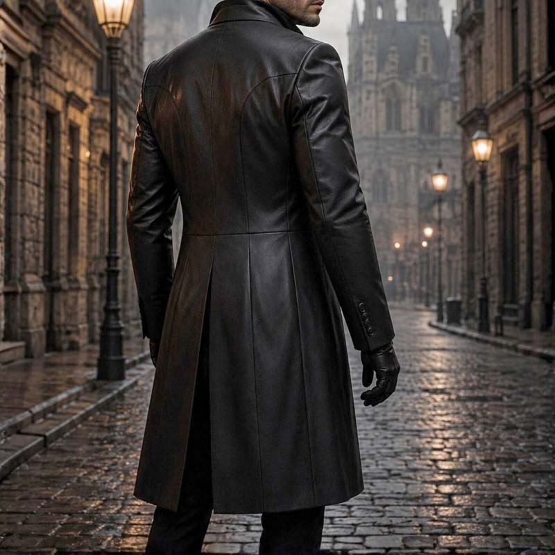 Long black leather duster coat with wide notched lapels for men