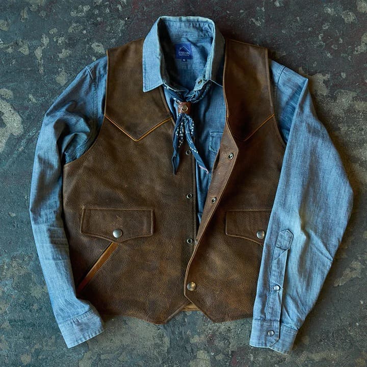 Mens Brown Western Cowboy Biker Leather Vest