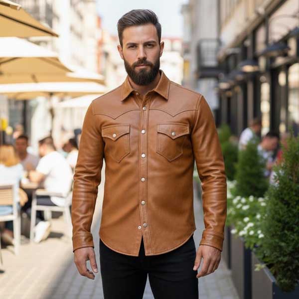 Mens Handmade Genuine Lambskin Leather Western Shirt Jacket