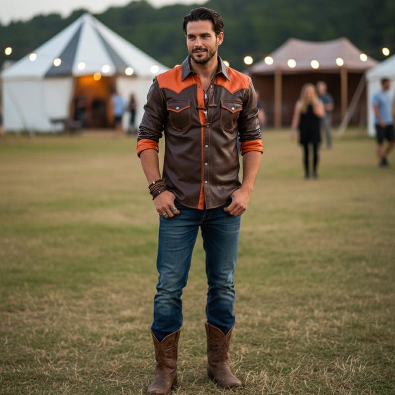 Mens Two Tone Brown Orange Cowhide Leather Western Shirt Jacket