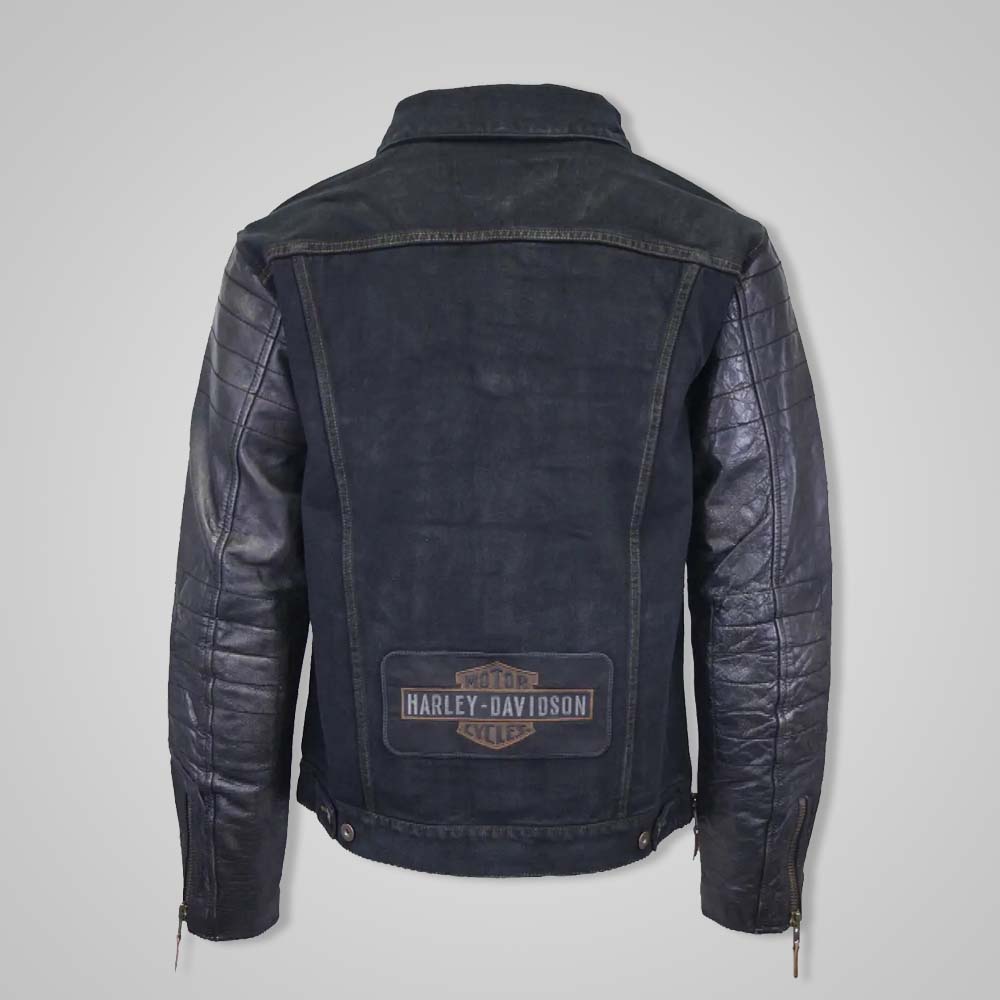 Premium Harley Davidson Denim Jacket with Genuine Leather Sleeves – Back View