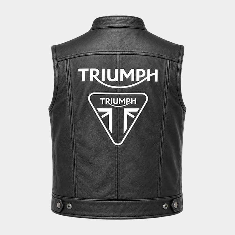 Black genuine leather Triumph biker vest with front zipper closure