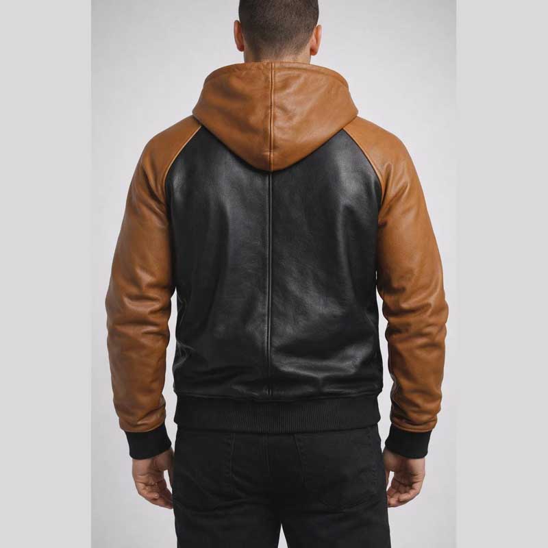 Two Tone Black Brown Sheep Leather Hoodie Jacket