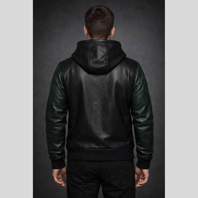 Two Tone Black Green Sheep Leather Hoodie Jacket