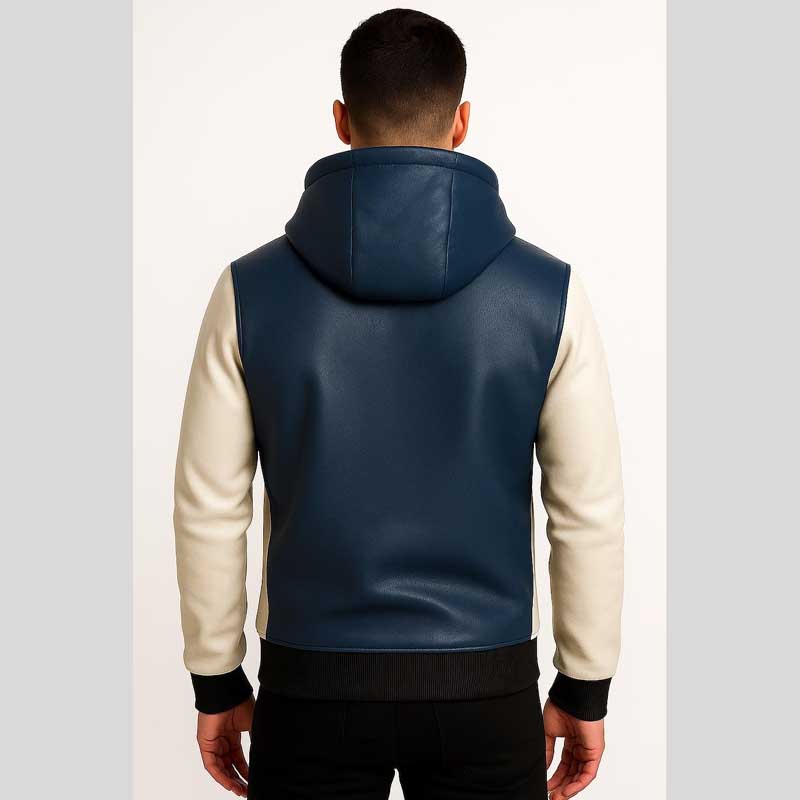 Two Tone Blue White Sheep Leather Hoodie Jacket