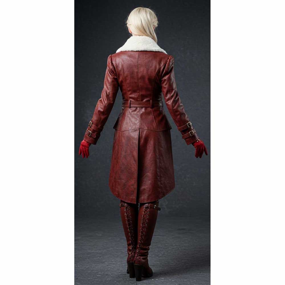 Women Brown Shearling Collar Leather Trench Coat