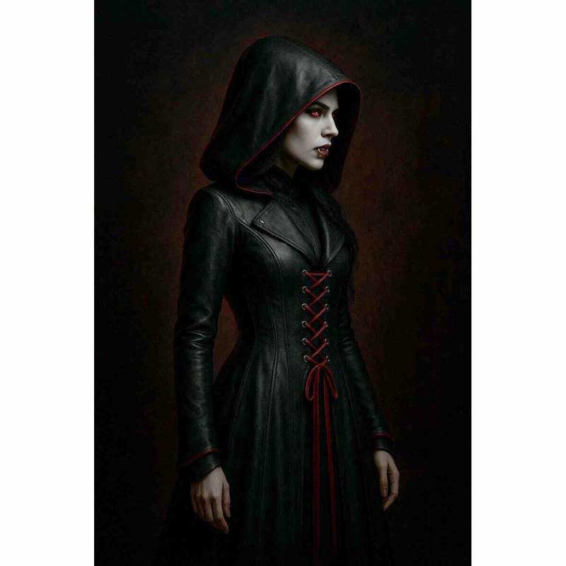Women Red Black Gothic Leather Hooded Coat