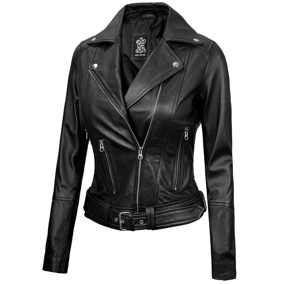 Women Black Leather Biker Jacket with Zipper Style