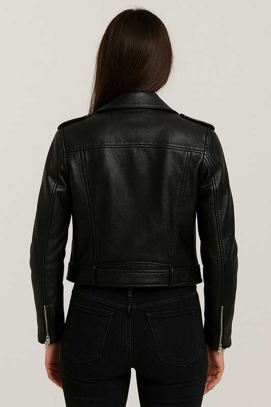 Womens Distressed Black Leather Biker Motorcycle Jacket