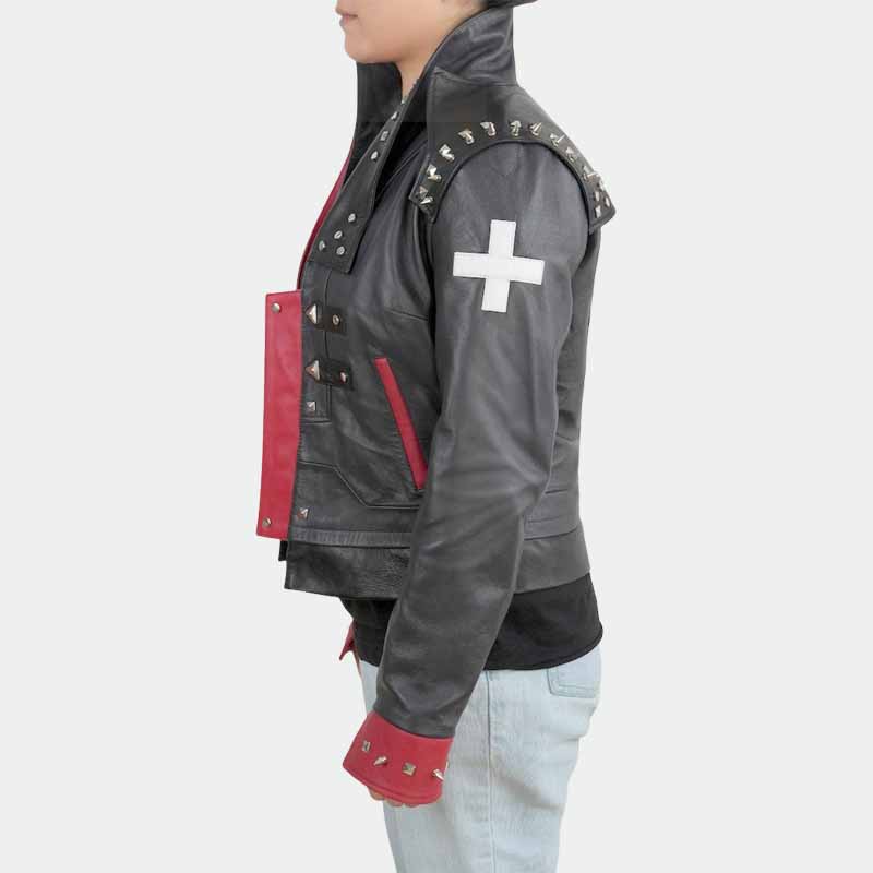 Arcane Fighter Vi cosplay costume leather jacket with open front design