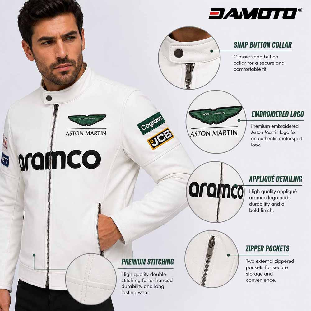 Premium white leather biker jacket with YKK zipper closure