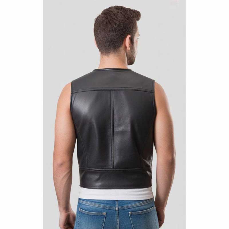 Men’s Black Leather Biker Vest Sleeveless Jacket