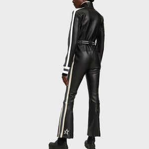 Black Leather Jumpsuit for Women with Contrast Strips