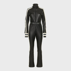 Black Leather Jumpsuit for Women with Contrast Strips