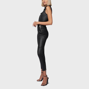 Stylish Black Moto Leather Jumpsuit for Women