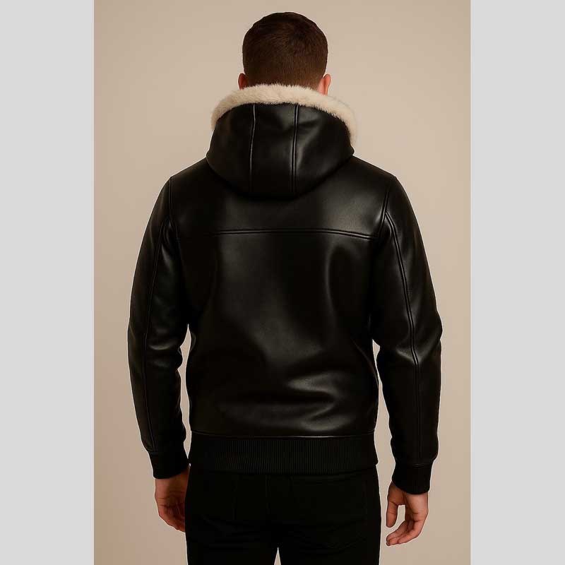 Black Sheepskin Leather Hoodie Fur Hood Pullover Jacket