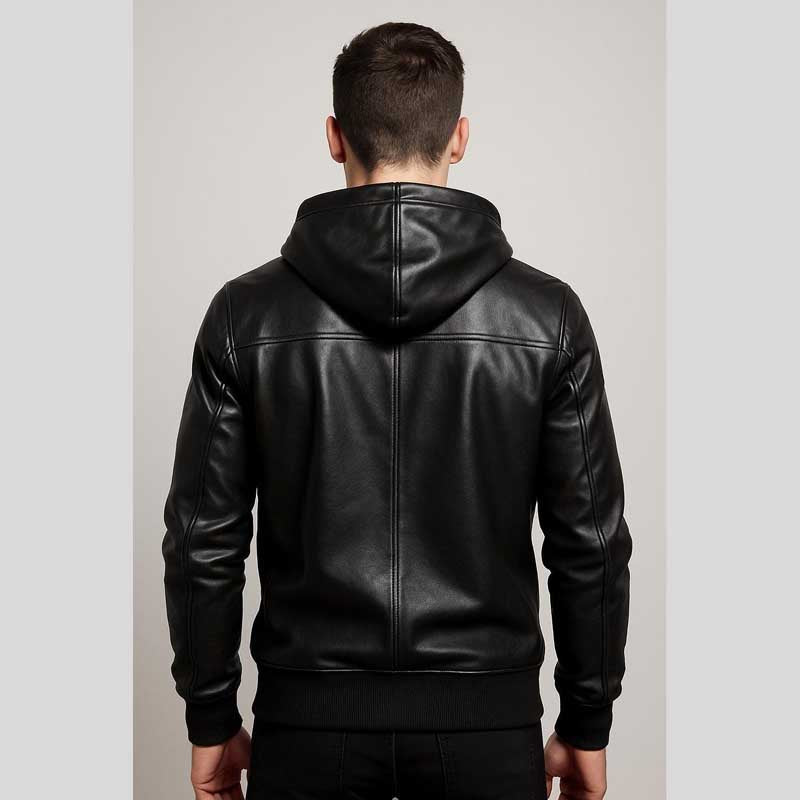 Black Sheepskin Leather Hoodie Pullover Jacket