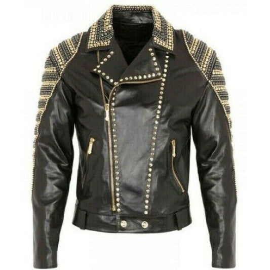 Black Studded Leather Fashion Jacket - Handmade