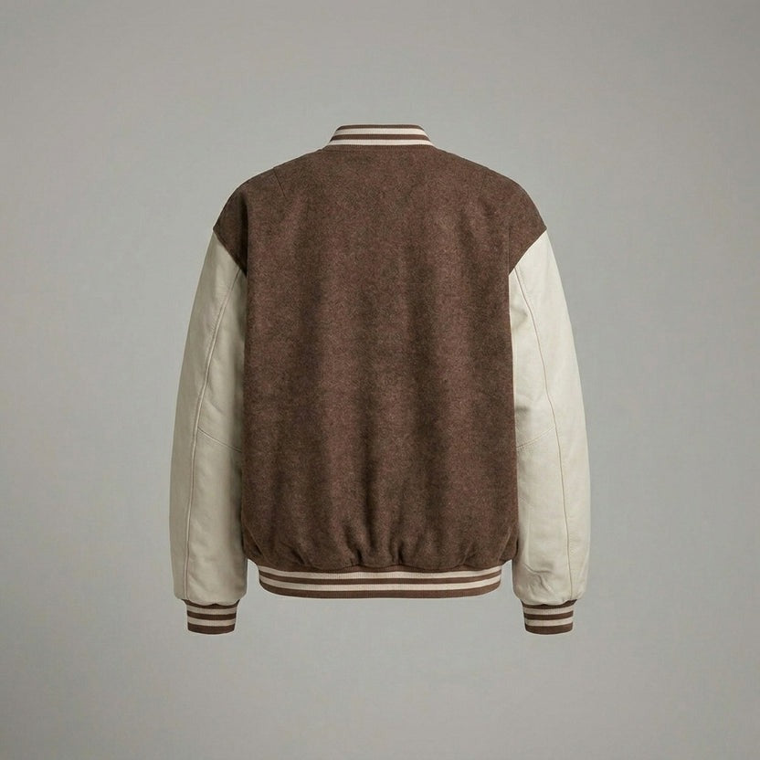 Classic brown and cream letterman jacket for women