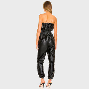 Classy Black Pull-on Leather Jumpsuit for Women