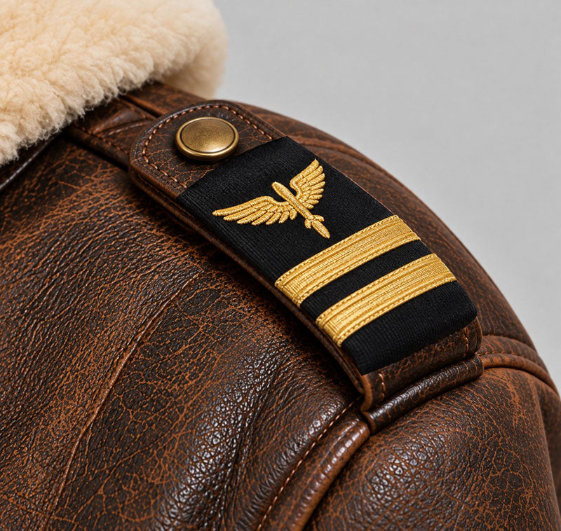 Custom leather pilot jacket with pilot shoulder board attached to the functional leather epaulette, showcasing the brass button and detailed shoulder construction.