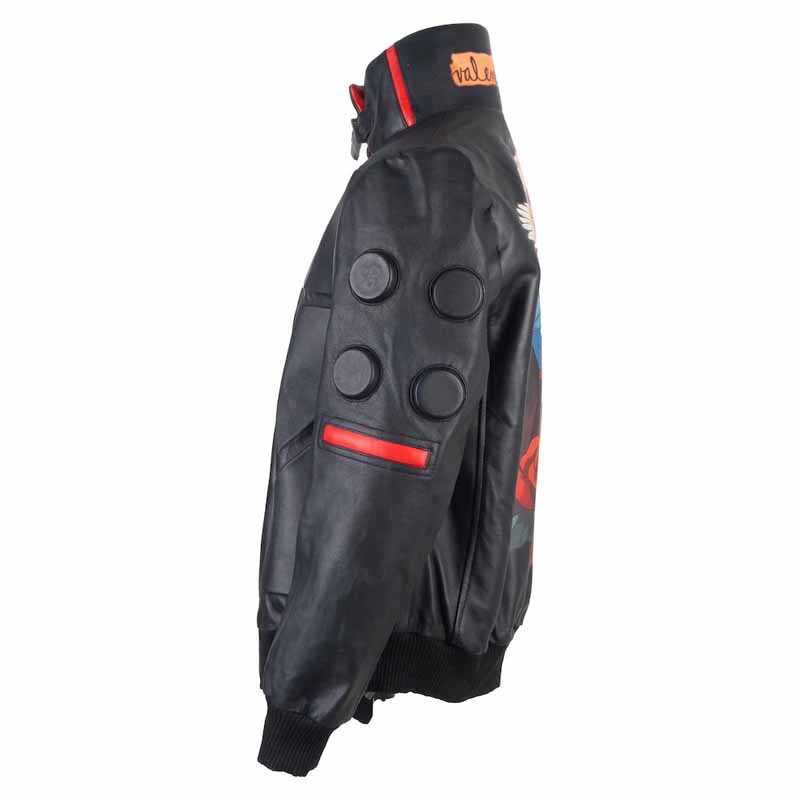 Men Black Leather Bomber Jacket with Cyberpunk 2077 Jackie Welles Inspired Design