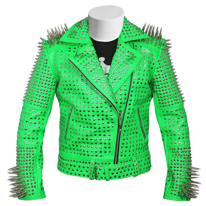 Green Studded Steam Punk Leather Biker Jacket