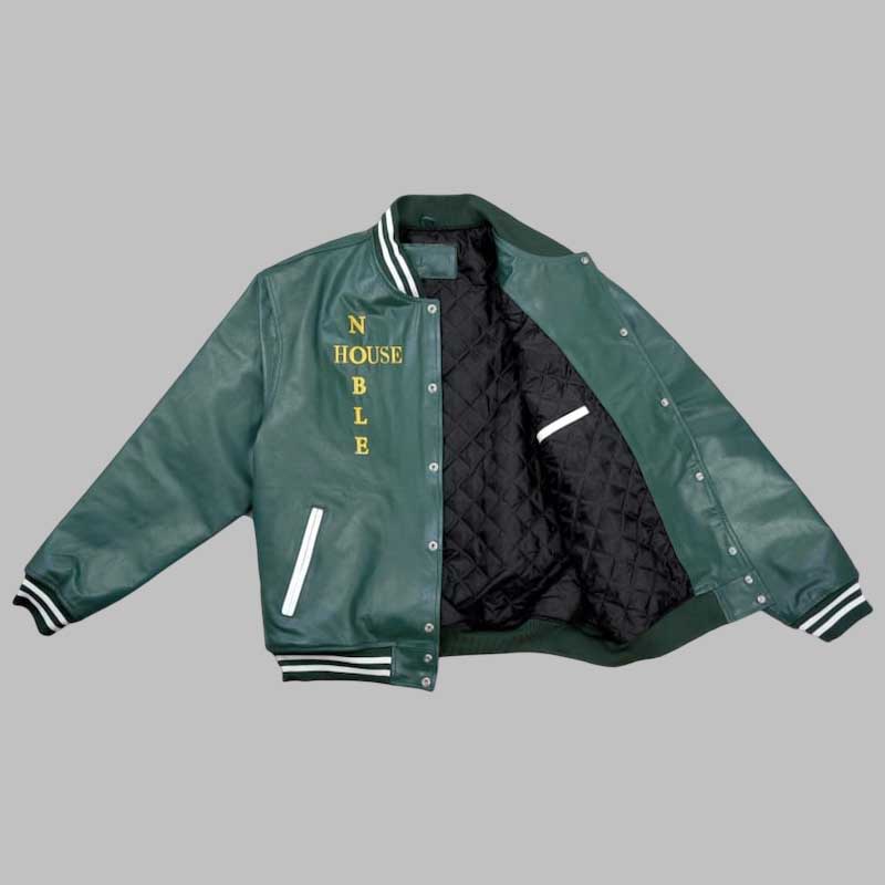 green leather look letterman bomber jacket