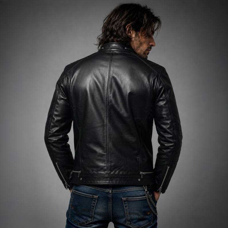 Handmade Black Cowhide Leather Rocker Jacket - Multi-Zipper Biker Moto Coat
