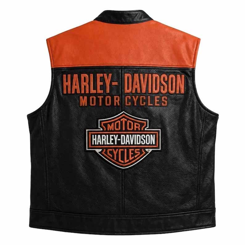 Men's Black and Orange Genuine Leather Harley Davidson Motorcycle Vest with Bar and Shield Logo