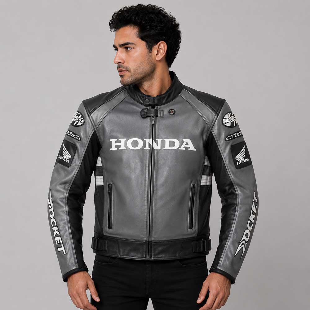Honda Grey Black Cowhide Racing Leather Jacket| 3amoto