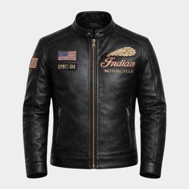 Indian leather motorcycle jacket with embroidered logo
