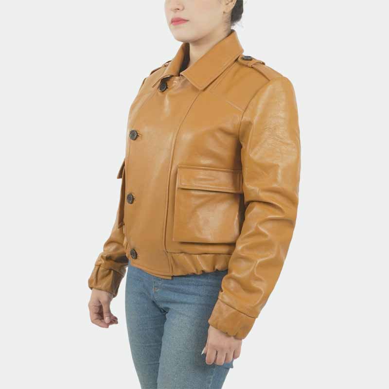 Men and Women Tan Sheepskin Leather Major Motoko Kusanagi Ghost in the Shell Cosplay Jacket with Button Front