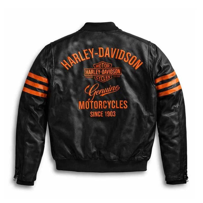 black leather bomber jacket with orange sleeve stripes and ribbed cuffs.