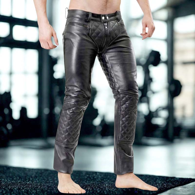 Men's quilted leather biker trousers with structured waistband