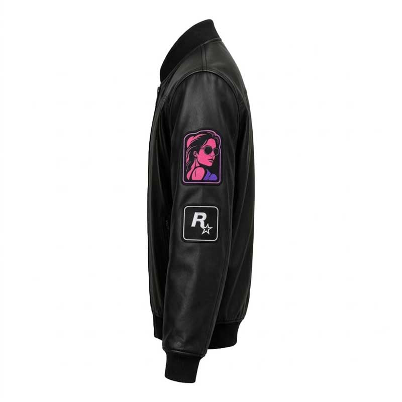 retro-inspired decorative patches on black bomber jacket